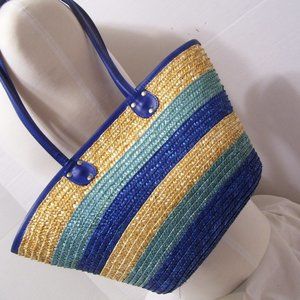 Vegan Straw Handbag in Stripes of Blue NWOT
